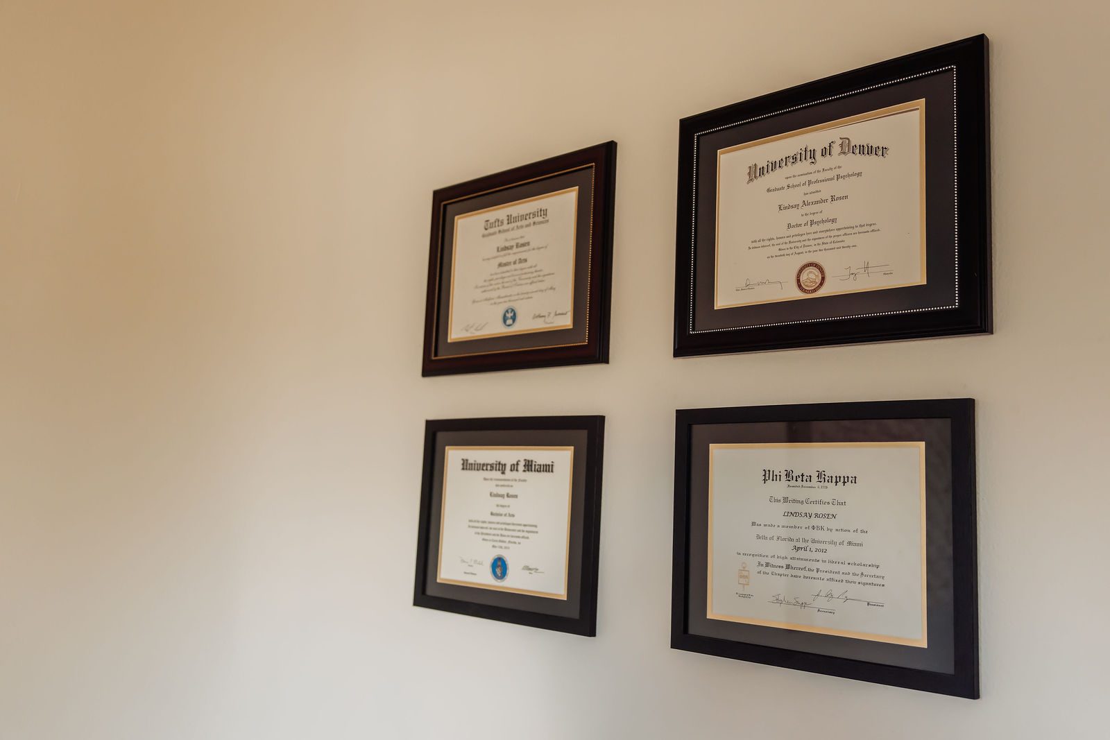 Dr. Rosen's framed diplomas on the office wall