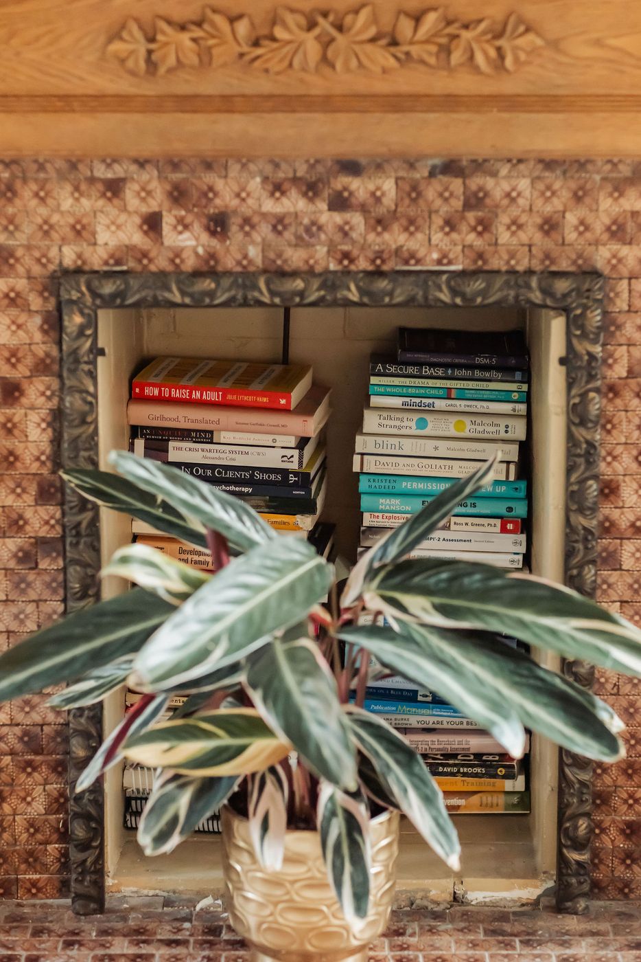 Books stacked inside the tiled fireplace, behind a striped calathea